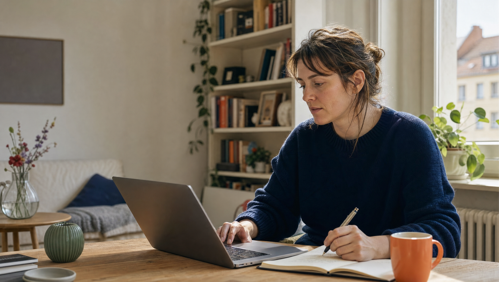 Erwachsene Lernende arbeitet zu Hause mit Laptop und Notizbuch.